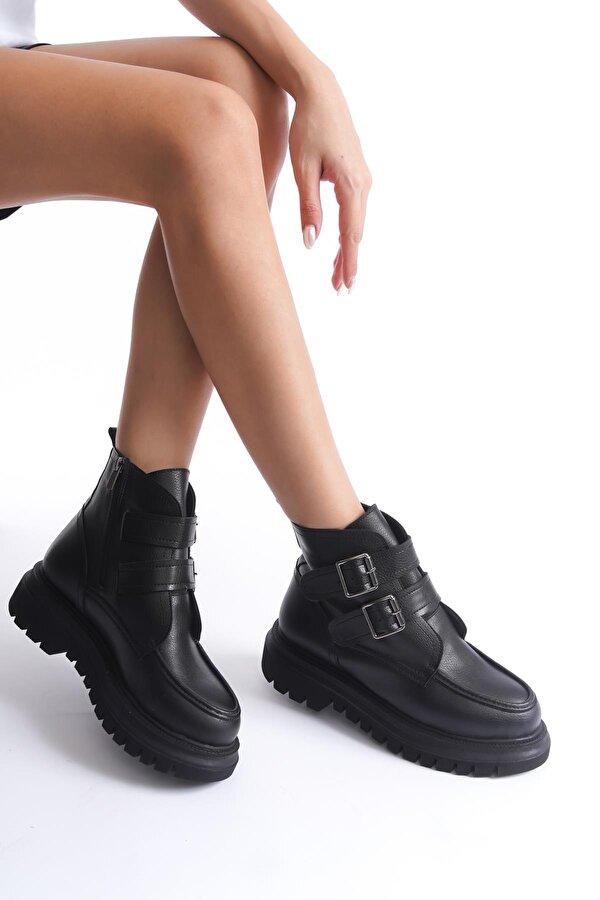 Modabuymuş Mohac Siyah Kalın Taban Kışlık Sıcak Tokalı Fermuarlı Günlük Bot