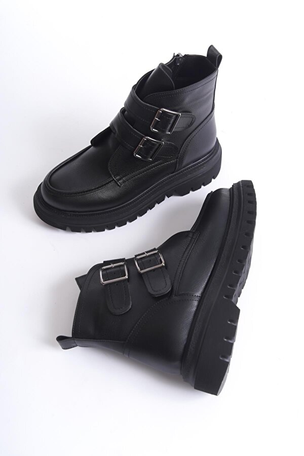 Modabuymuş Mohac Siyah Kalın Taban Kışlık Sıcak Tokalı Fermuarlı Günlük Bot