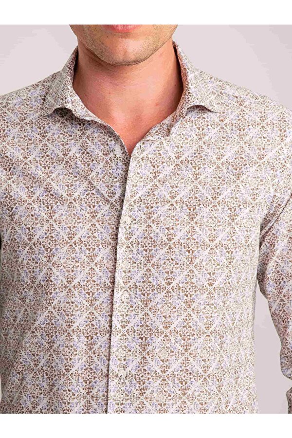 Dufy Yeşil Erkek Slim Fit Baskılı Paul Yaka Uzun Kol Gömlek - 60631