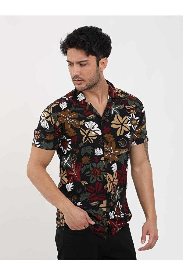 Dufy Karma Renk Erkek Ekstra Slim Fit Çiçek Desenli Apaç Yaka Kısa Kol Gömlek - 89436
