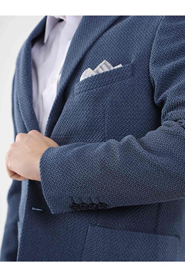 Dufy Mavi Erkek Slim Fit Desenli Mono Yaka Ceket - 95376