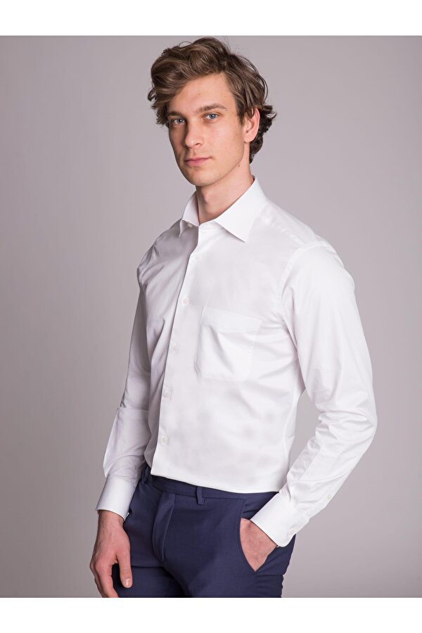 Dufy Beyaz Erkek Regular Fit Düz Brent Yaka Uzun Kol Gömlek