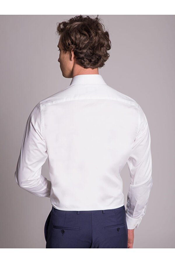 Dufy Beyaz Erkek Regular Fit Düz Brent Yaka Uzun Kol Gömlek