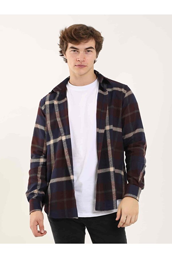 Dufy Bordo Erkek Regular Fit Ekose Desenli Klasik Yaka Uzun Kol Oduncu Gömlek