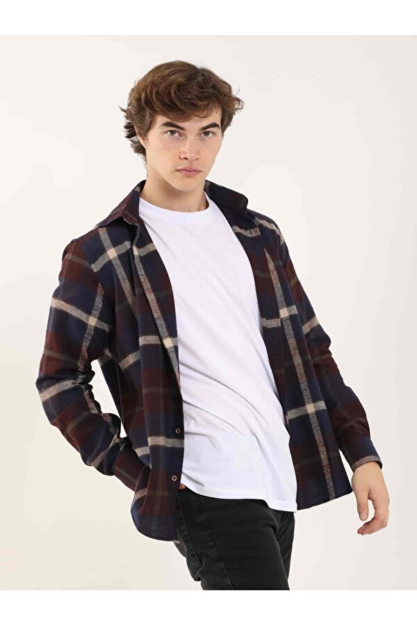 Dufy Bordo Erkek Regular Fit Ekose Desenli Klasik Yaka Uzun Kol Oduncu Gömlek