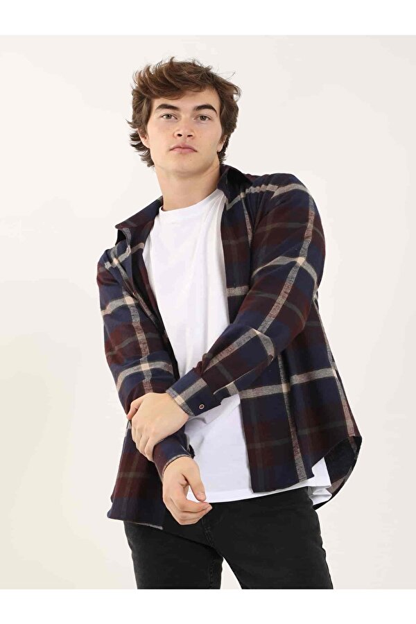 Dufy Bordo Erkek Regular Fit Ekose Desenli Klasik Yaka Uzun Kol Oduncu Gömlek