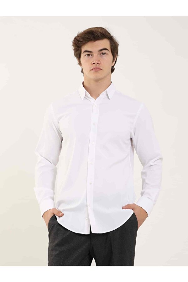 Dufy Beyaz Erkek Slim Fit Kareli Alttan Düğmeli Yaka Uzun Kol Gömlek