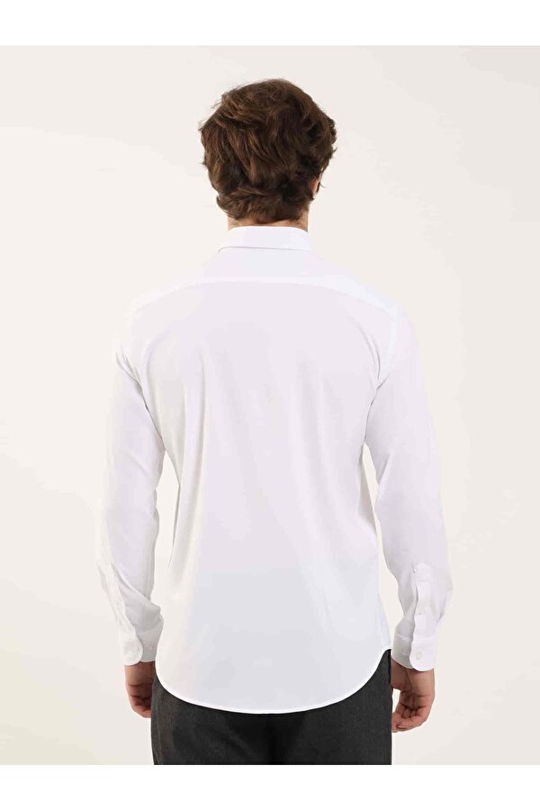 Dufy Beyaz Erkek Slim Fit Kareli Alttan Düğmeli Yaka Uzun Kol Gömlek