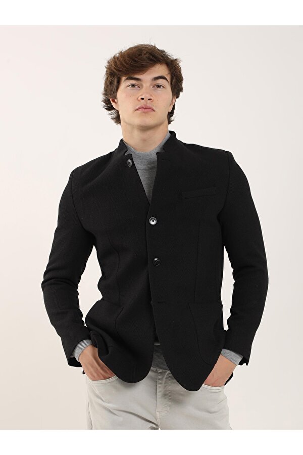 Dufy Siyah Erkek Slim Fit Balıksırtı Desenli  Mono Yaka Ceket - 91215