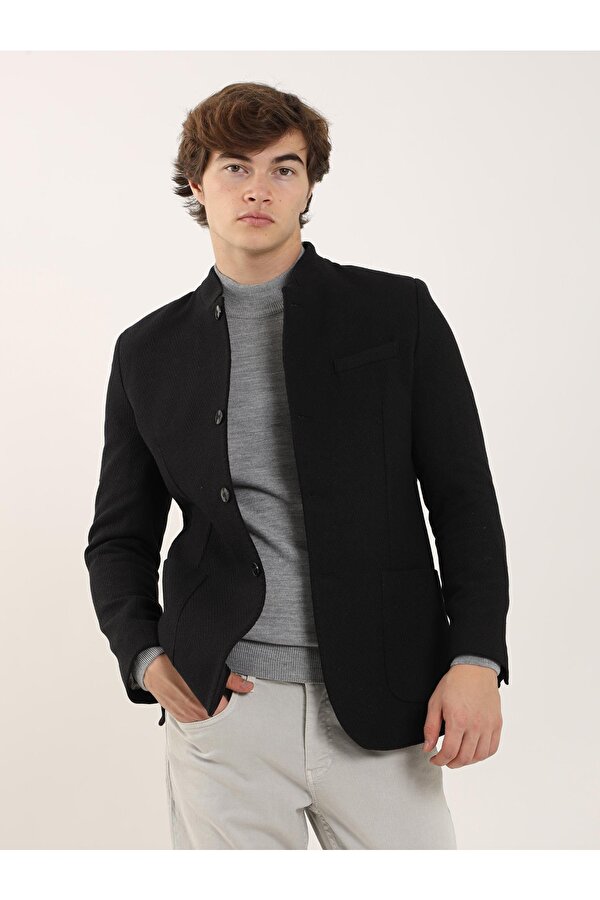 Dufy Siyah Erkek Slim Fit Balıksırtı Desenli  Mono Yaka Ceket - 91215