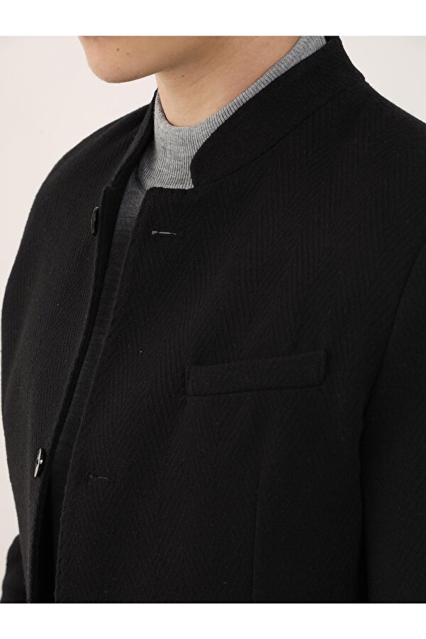 Dufy Siyah Erkek Slim Fit Balıksırtı Desenli  Mono Yaka Ceket - 91215