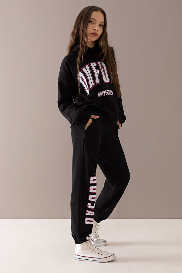 Cansın Mini Siyah Oxford Baskılı Kapüşonlu Kız Çocuk Eşofman Takımı 19754