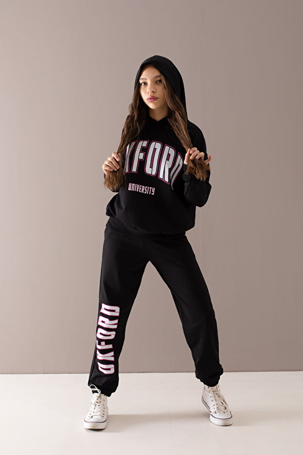 Cansın Mini Siyah Oxford Baskılı Kapüşonlu Kız Çocuk Eşofman Takımı 19754