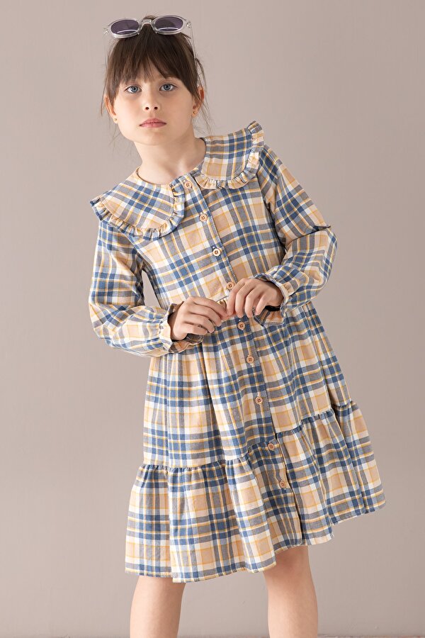 Cansın Mini Lacivert Ekose Desenli Düğmeli Uzun Kol Kız Çocuk Elbise 19807