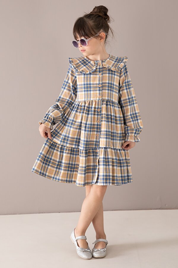 Cansın Mini Lacivert Ekose Desenli Düğmeli Uzun Kol Kız Çocuk Elbise 19807