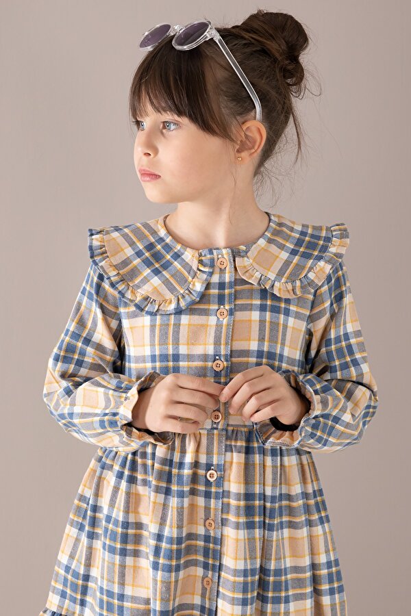 Cansın Mini Lacivert Ekose Desenli Düğmeli Uzun Kol Kız Çocuk Elbise 19807