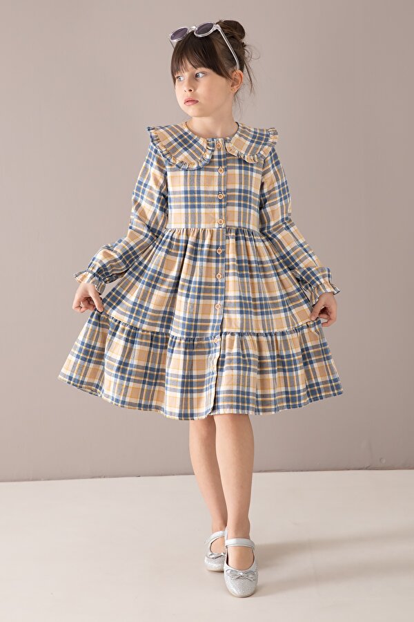 Cansın Mini Lacivert Ekose Desenli Düğmeli Uzun Kol Kız Çocuk Elbise 19807