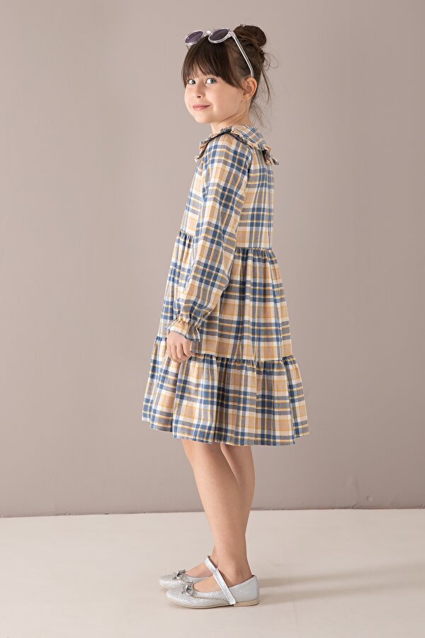 Cansın Mini Lacivert Ekose Desenli Düğmeli Uzun Kol Kız Çocuk Elbise 19807