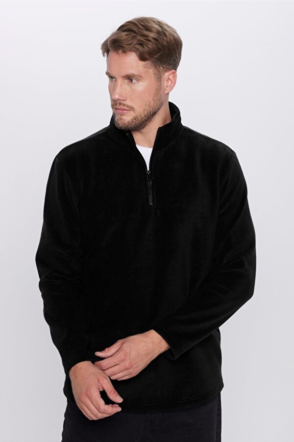 Tudors Unisex Standart Fit Rahat Kesim Tüylenme Yapmayan Soğuk Geçirmez Siyah Dik Yaka Polar Sweatshirt