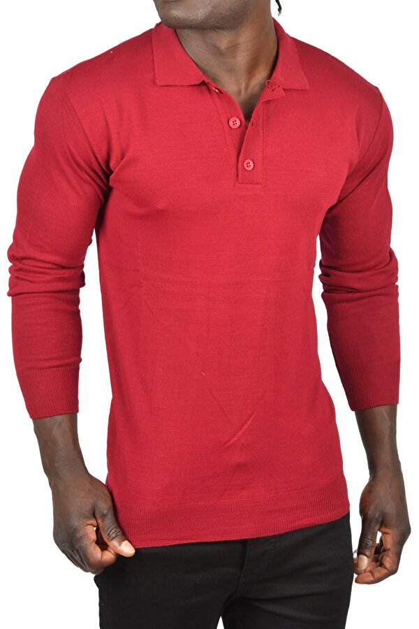 Deep Sea DeepSEA Erkek Bordo Slim Fit Polo Yaka İnce Triko Kazak 2505500