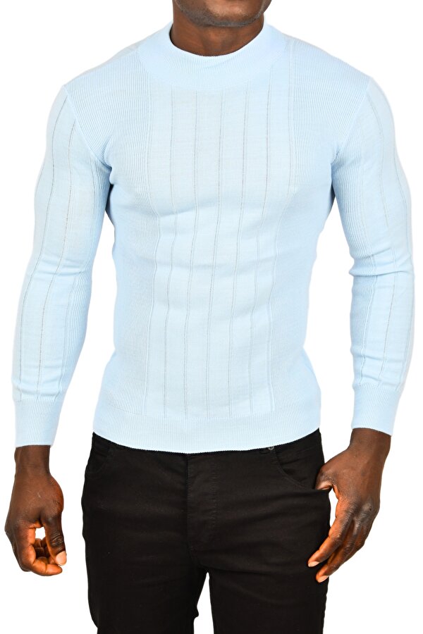 Deep Sea DeepSEA Erkek Bebe Mavisi Yarım Balıkçı Yaka Çizgili Tüylenmeyen Slim Fit Triko Kazak 2505491