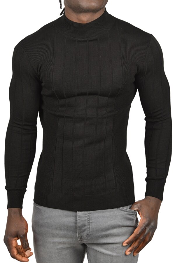 Deep Sea DeepSEA Erkek Siyah Yarım Balıkçı Yaka Çizgili Tüylenmeyen Slim Fit Triko Kazak 2505491