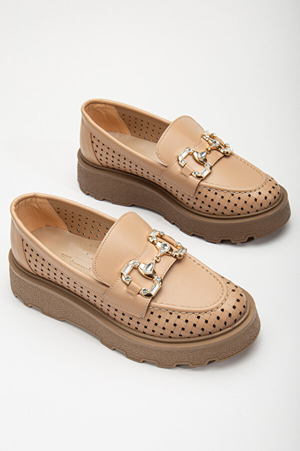 Tonny Black Kadın Nude Kalın Poli Taban Şerit Desenli Önü Taşlı Tokalı Loafer