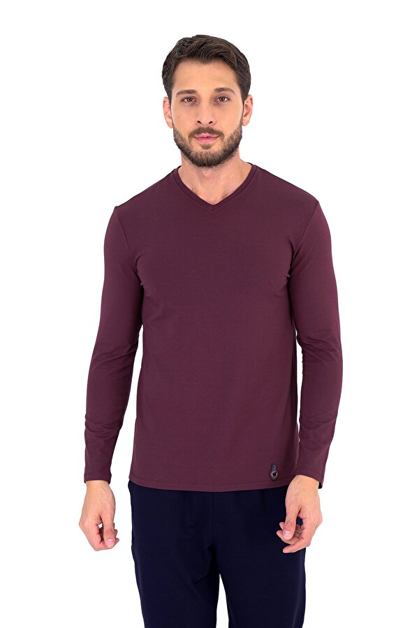 D'S damat Ds Damat Pamuk Modal V yaka Pijama Takımı BORDO