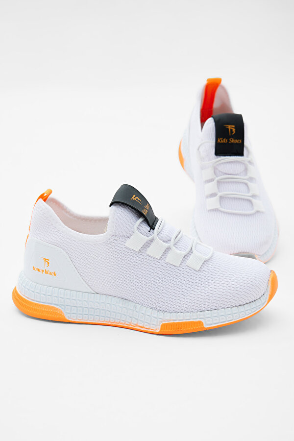Tonny Black Çocuk Unisex Beyaz Oranj Rahat Kalıp Lastik Bağcıklı Spor Ayakkabı