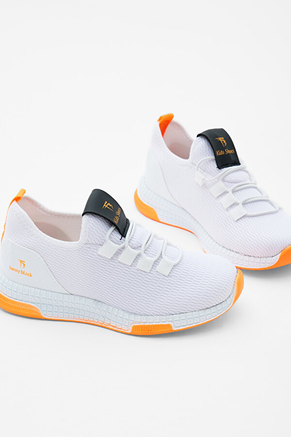 Tonny Black Çocuk Unisex Beyaz Oranj Rahat Kalıp Lastik Bağcıklı Spor Ayakkabı