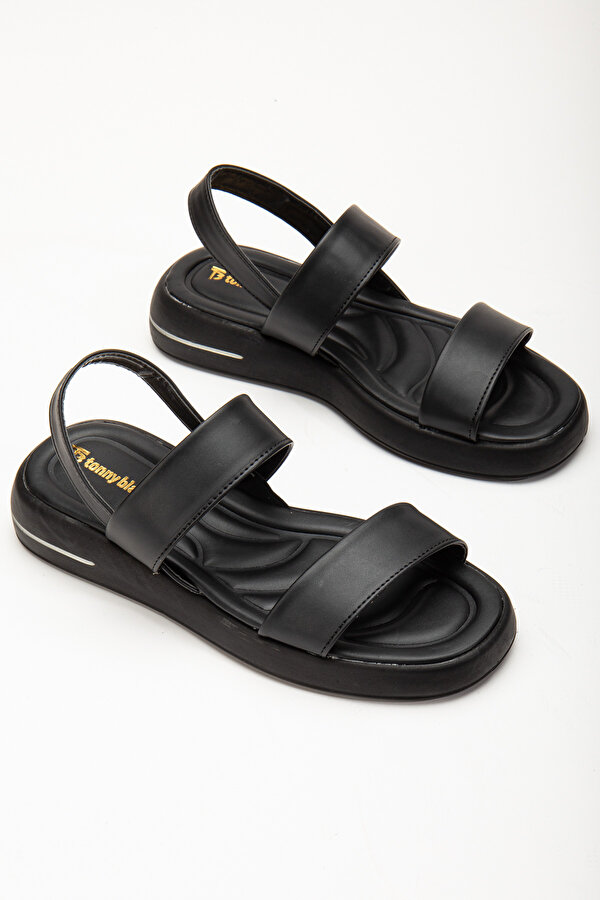 Tonny Black Kadın Siyah Cilt Rahat Kalıp Poli Taban Çift Bantlı Sandalet