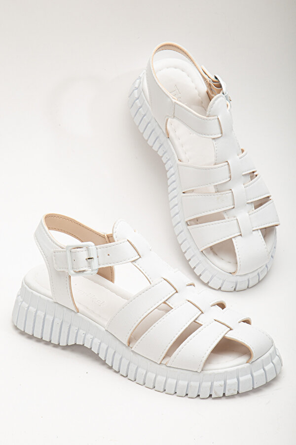 Tonny Black Kadın Beyaz Kalın Poli Taban Bilekten Bağlamalı Üç Bantlı Sandalet