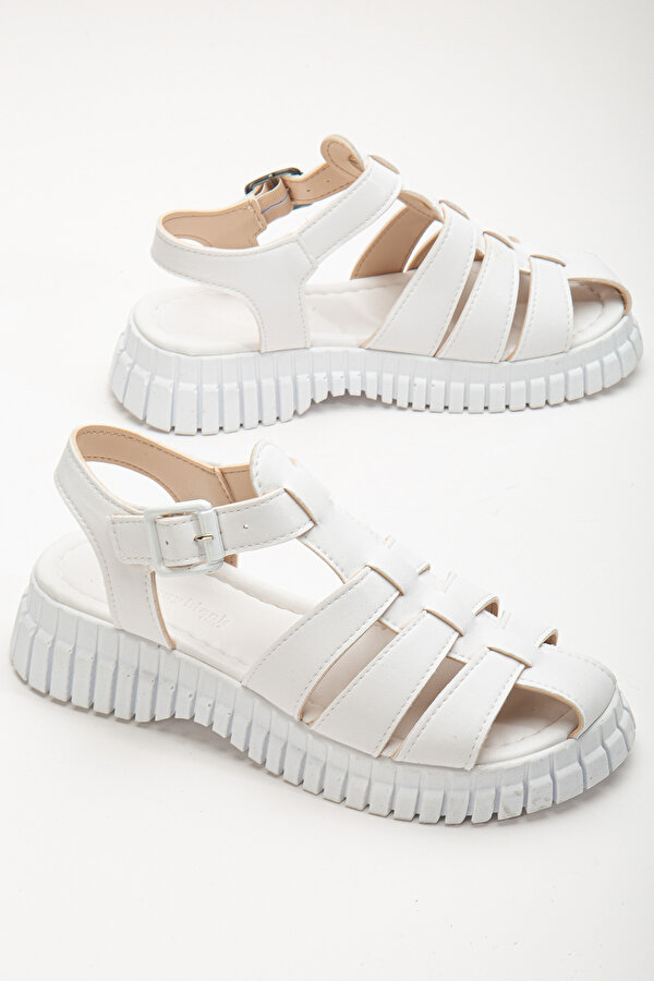 Tonny Black Kadın Beyaz Kalın Poli Taban Bilekten Bağlamalı Üç Bantlı Sandalet