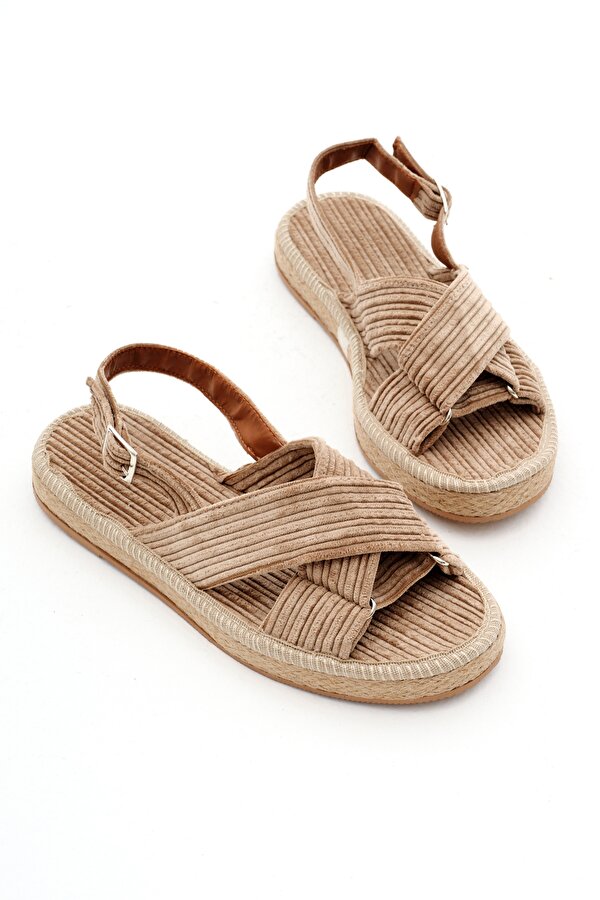 Tonny Black Kadın Vizon Çapraz Bantlı Bilekten Bağlamalı Hasır Triko Sandalet