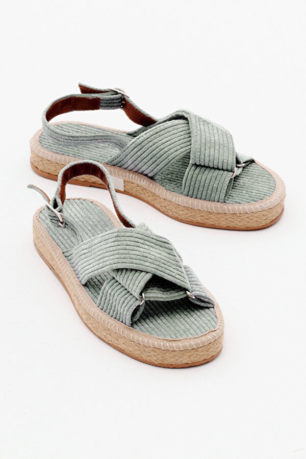 Tonny Black Kadın Su Yeşili Çapraz Bantlı Bilekten Bağlamalı Hasır Triko Sandalet