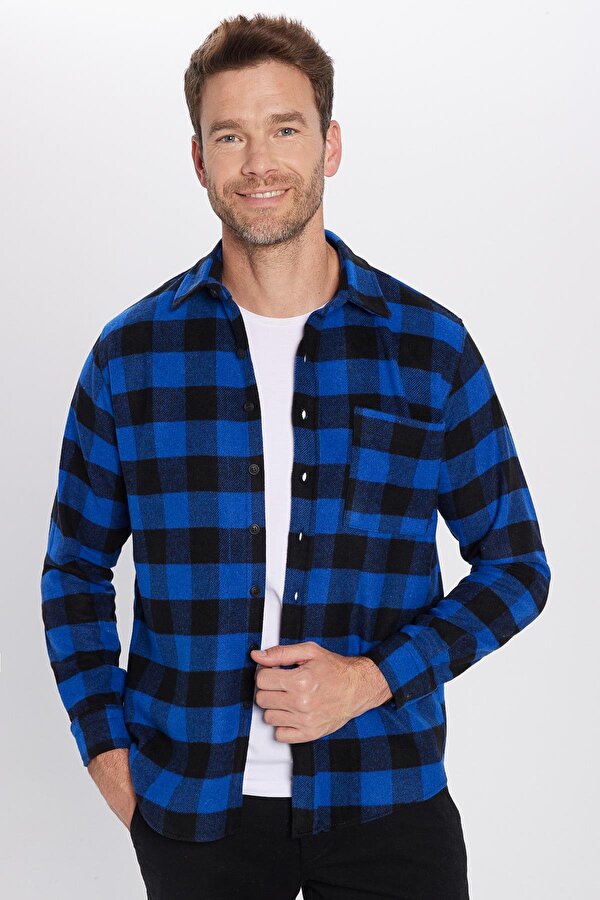 Tudors Erkek Klasik Fit Normal Kesim Uzun Kollu Tek Cepli Kareli Kışlık Oduncu Gömlek