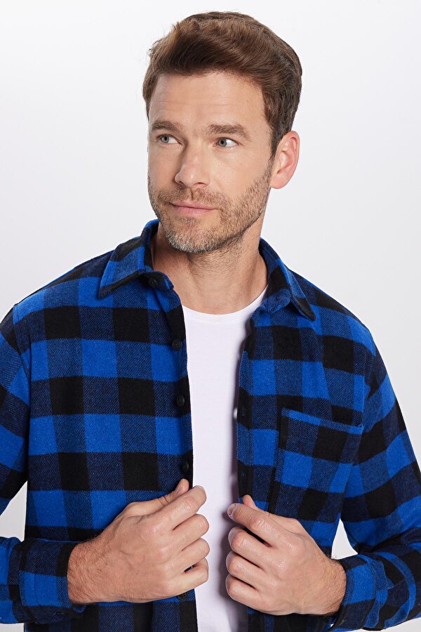 Tudors Erkek Klasik Fit Normal Kesim Uzun Kollu Tek Cepli Kareli Kışlık Oduncu Gömlek