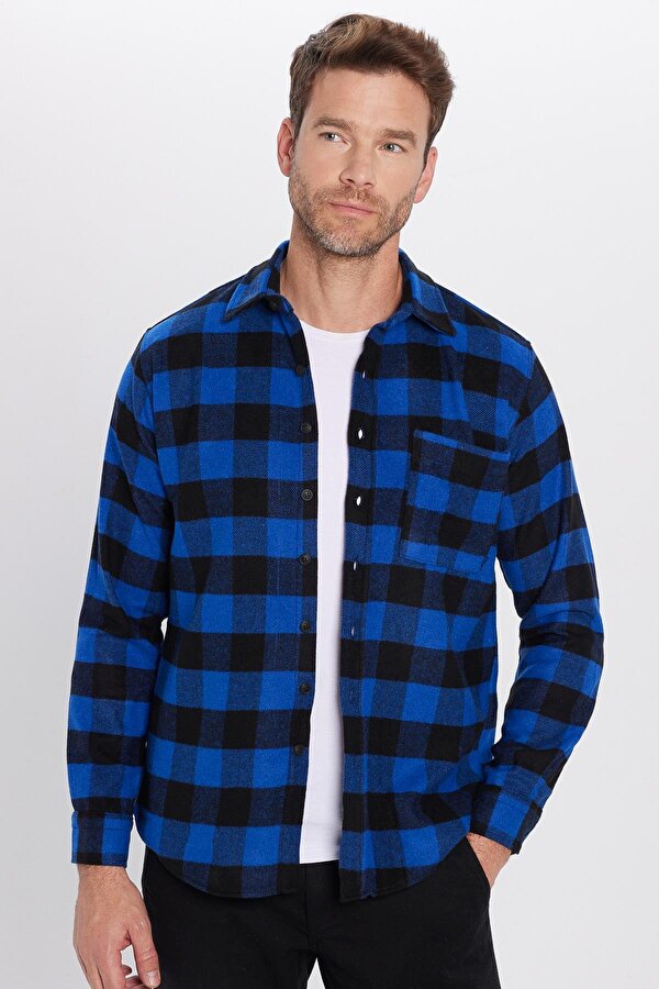 Tudors Erkek Klasik Fit Normal Kesim Uzun Kollu Tek Cepli Kareli Kışlık Oduncu Gömlek