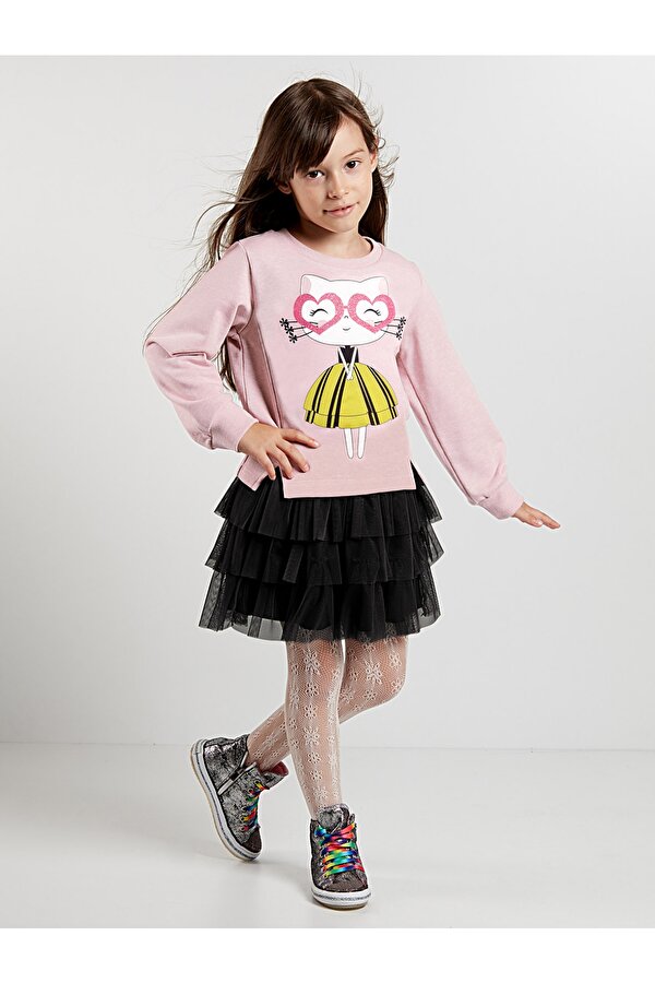 Denokids Kalp Gözlük Kız Çocuk Tüllü Sweatshirt Etek Takım