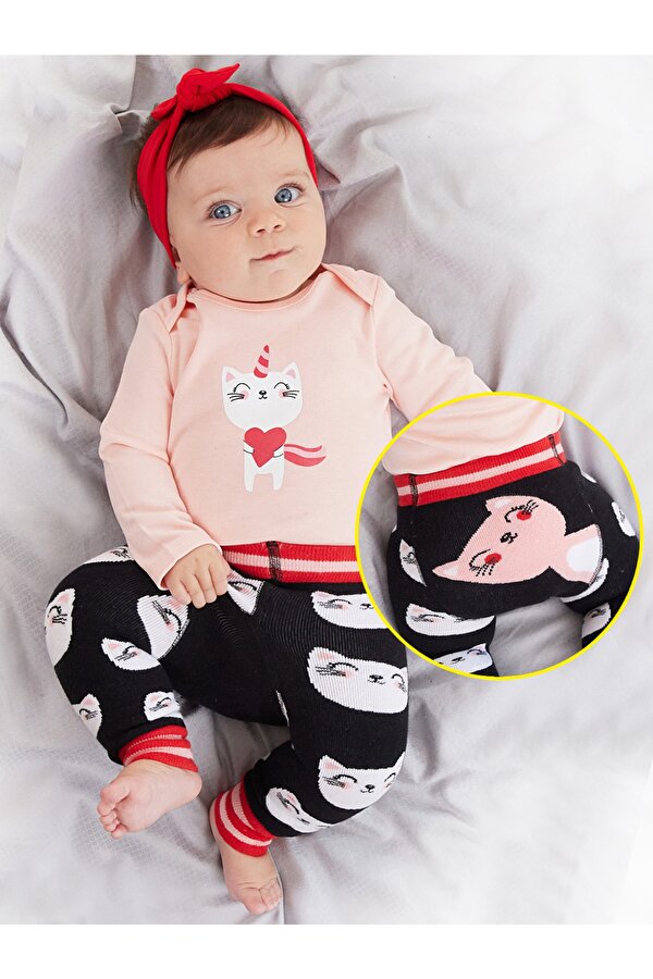 Denokids Kedi Kız Bebek Body Tayt-Pantolon Takım