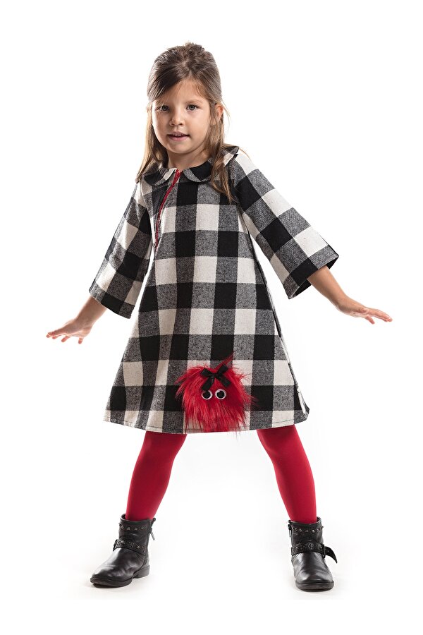 Denokids LMG Ponpon Kız Çocuk Ekose Elbise