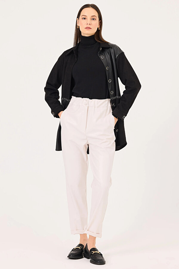 Seçil Kadın Elastik Bel Havuç Kesim Suni Deri Pantolon 0012 Bej