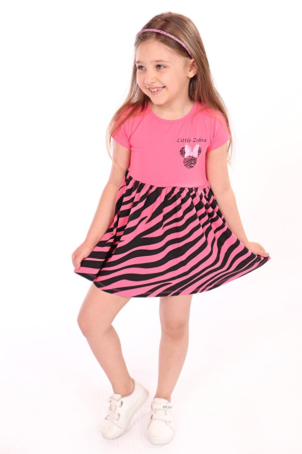 Toontoy Kids Toontoy Kız Çocuk Little Yazılı Etek Kısmı Zebra Desen Baskılı Elbise