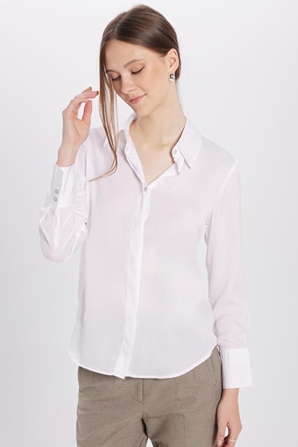 Tudors Kadın Relax Fit Rahat Kesim Satenli Kumaş Beyaz Uzun Manşet Düz Gömlek