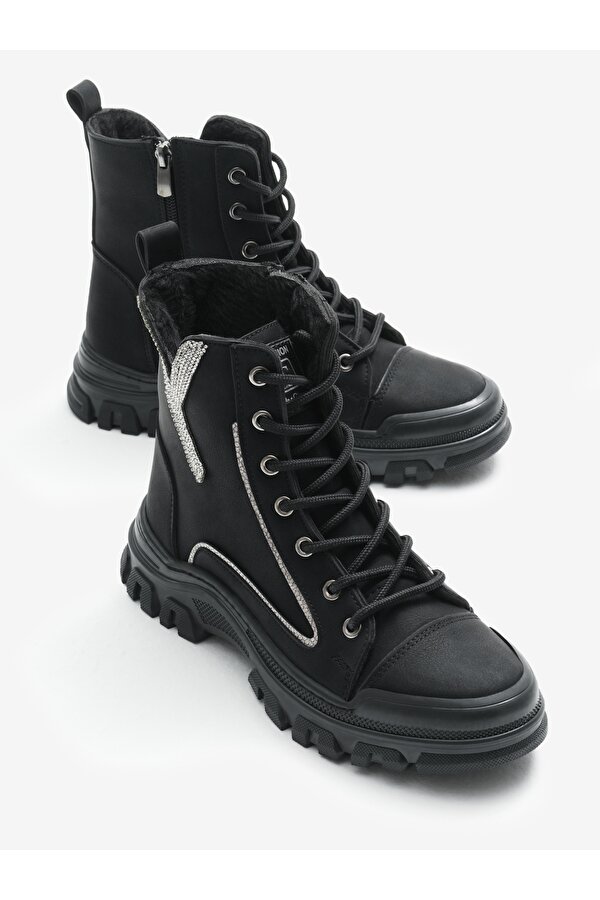 Tonny Black Kadın Siyah Mat Termo Taban Desenli Bağcıklı ve Fermuarlı Bot
