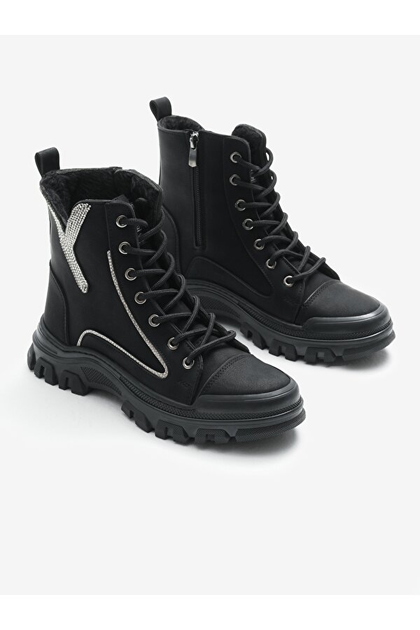 Tonny Black Kadın Siyah Mat Termo Taban Desenli Bağcıklı ve Fermuarlı Bot