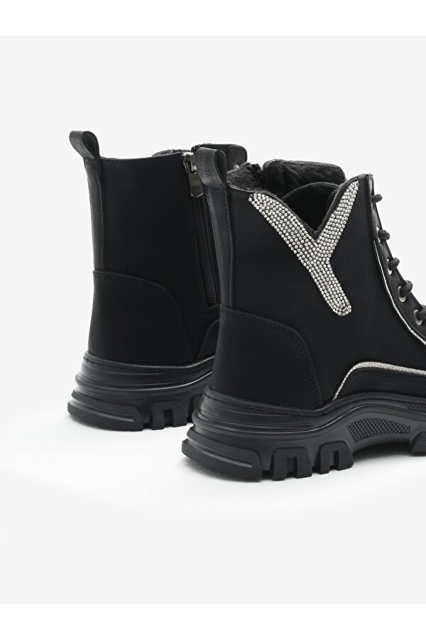 Tonny Black Kadın Siyah Mat Termo Taban Desenli Bağcıklı ve Fermuarlı Bot