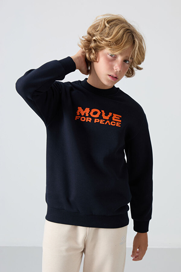 TOMMYLIFE Lacivert Pamuklu Kalın İçi Tüylü Yumuşak Dokulu Standart Fit Baskılı Erkek Çocuk Sweatshirt - 11216