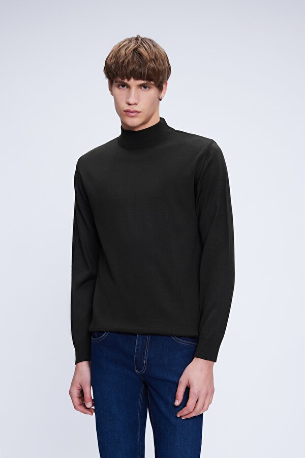 Hatemoğlu Haki Regular Fit Düz Yarım Balıkçı Yaka Yünlü Triko Kazak