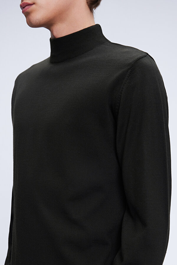 Hatemoğlu Haki Regular Fit Düz Yarım Balıkçı Yaka Yünlü Triko Kazak